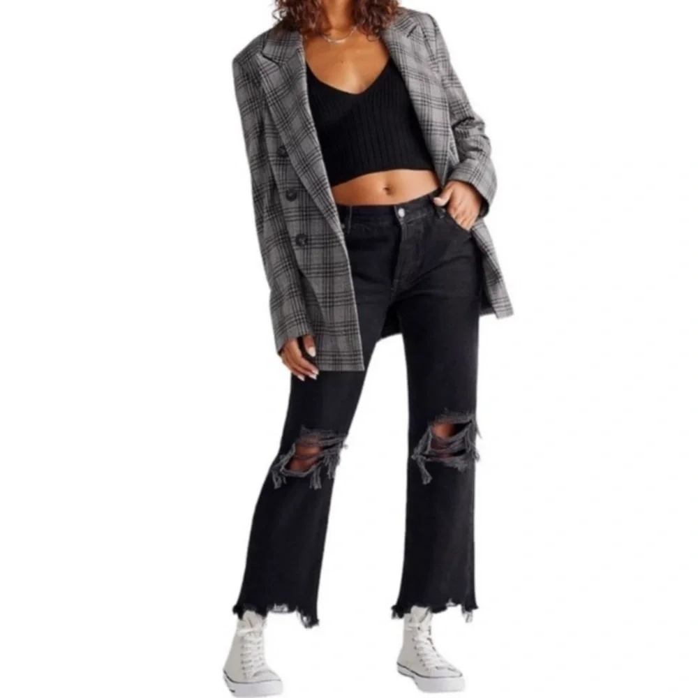 Free People Maggie Mid Rise Straight Leg Black Distressed Jeans